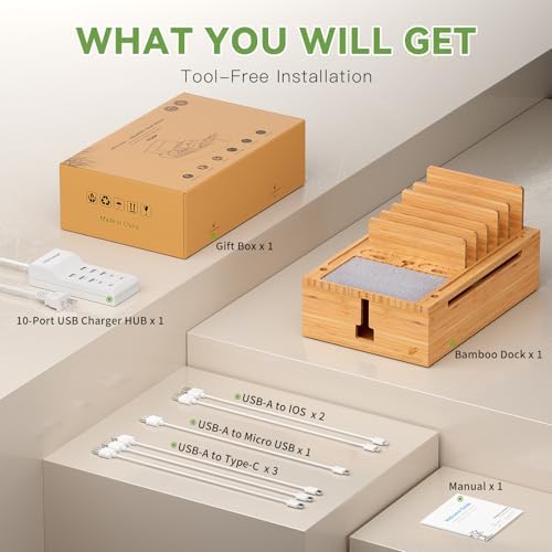 Pezin & Hulin Eco-Friendly Bamboo Charging Station – 10-Port USB Dock Organizer with 6 Cables, Enhanced Power Supply & Cable Management for Multi-Device Charging, Sleek Natural and Black Design for Homes and Offices