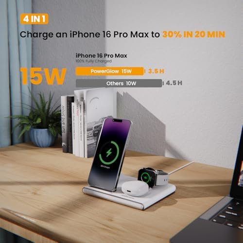 Transform Your Charging Routine with the Jabees Power Glow 4-in-1 Wireless Charging Station – Fast Qi Technology for i Phone 15/14/13, Samsung Galaxy, Apple Watch, and Air Pods Pro – Sleek Black Design with Dual-Color LED Night Light for Enhanced Ambiance and Efficiency – Perfect for Tech-Savvy Individuals Seeking Organization and Style