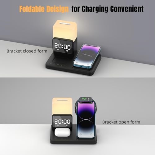 Ultimate 6-in-1 Wireless Charging Dock: Qi Certified Fast Charger for i Phone, Samsung, Air Pods, and Apple Watch with Digital Alarm Clock and Adjustable Night Light – 15 W Power Station with 20 W Adapter Included – Ideal for Streamlined Charging Solutions and Cable Management