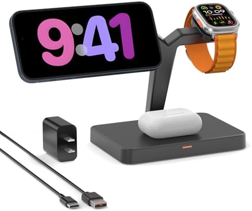 Maximize Your Charging Efficiency with GEEKERA 3-in-1 Magnetic Wireless Charging Station – Rapid Power Dock for i Phone 16/15/14/13/12 Pro Max, Apple Watch Series 9/8/7/6/SE/5/4/3/2, and Air Pods 3/2/Pro – Sleek, Space-Saving Design, Effortless Magnetic Alignment, and Enhanced Compatibility for Ultimate Convenience
