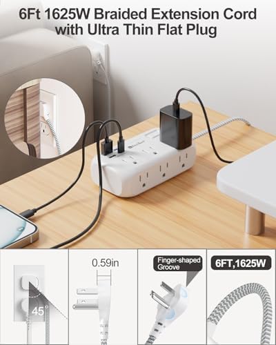 15 Ft USB Surge Protector Power Strip with 4 Fast-Charging Ports – Versatile 6-Outlet Desk Charging Station, Flat Plug & Wall Mount Design for Home Office, Dorm Room – Enhanced Durability & Convenience