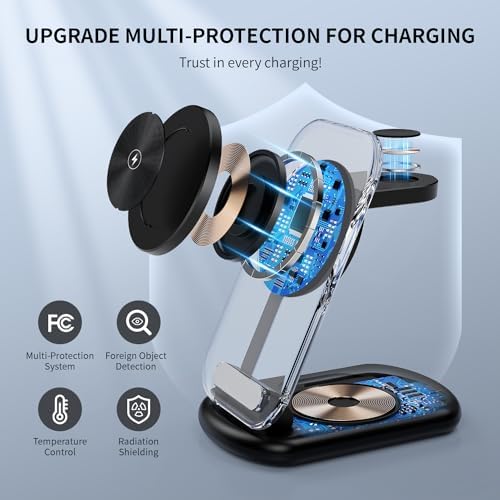 2025 Magnetic 3-in-1 Wireless Charging Station for i Phones, Apple Watches, and Air Pods – Fast Travel Charger with Integrated Light Indicator – Compact Design for Ultimate Portability – Perfect Gift for Tech-Savvy Couples – Compatible with i Phone 16, 15, 14, 13, 12 Pro Max Plus, Air Pods 4, 3, 2, Pro and Apple Watch Series – Enhance Your Charging Experience with Rapid Power-Up Technology