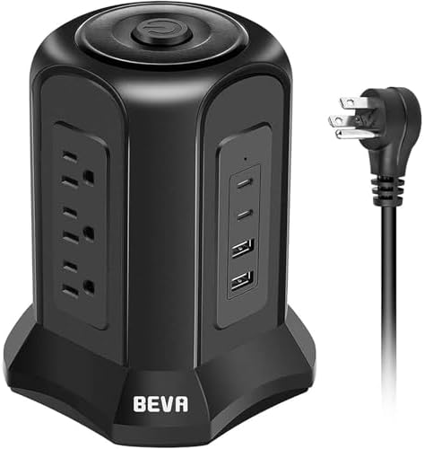 BEVA Tower Surge Protector Power Strip: 9 AC Outlets & 4 Fast-Charging USB Ports for Ultimate Device Connectivity, 6.5 FT 18 AWG Extension Cord with 3-Prong Flat Plug – Ideal Desk Charging Station for Office, Dorm & Home Use, Ensuring Safety & Efficiency
