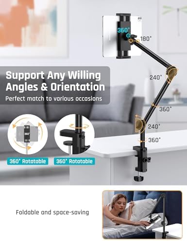 Versatile Overhead Tablet and Phone Mount with Dual Clamp – Adjustable Stand for Hands-Free Use of i Pad Pro, Mini, Air, i Phone 15 Pro & Other 3.5″-12.9″ Devices – Enhanced Stability, 360-Degree Rotation, Perfect for Home, Office, or Travel
