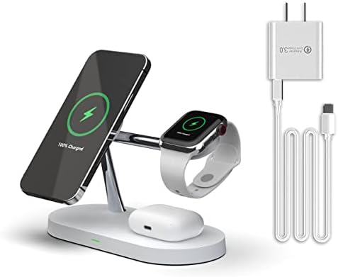 Maximize Your Charging Efficiency with the 5-in-1 Magnetic Wireless Charging Hub – High-Speed 15 W Mag-Safe Dock for i Phone 15/14/13/12, Apple Watch Series 7/SE/6/5/4/3/2, and Air Pods 3/2/Pro – The Ultimate All-in-One Charging Solution for Seamless Device Management and Clutter-Free Workspace