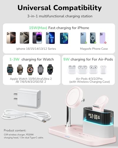 Ultimate 5-in-1 Wireless Charging Station with Alarm Clock and Night Light – Sleek Mag-Safe Dock for i Phone 16/15/14/13/12, Apple Watch & Air Pods – Fast Charging & Space-Saving Design for Nightstand Organization
