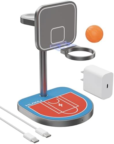 Innovative 3-Point Power 3-in-1 Charging Station for Apple Devices – Sleek Aluminum Alloy Magnetic Wireless Charger Stand with Mini Basketball & Hoop, Perfect for i Phone 16/15/14/13/12, 5 W Apple Watch & Air Pods Charging, Compact Black Design for Enhanced Speed and Style