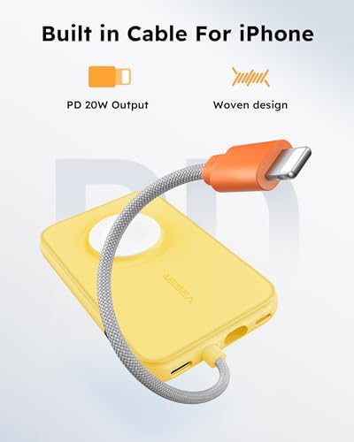 VEGER 5000 m Ah Mini Power Bank with Built-in Cable – PD 20 W Fast Charger for i Phone 14/13/12/Pro Max, Android Devices & Apple Watch – Lightweight Travel Essential in Vibrant Yellow – Ultimate Charging Solution for On-the-Go Connectivity