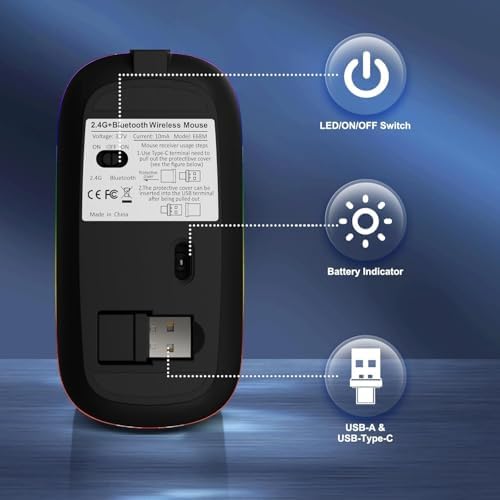 Ergonomic Wireless Mouse for Mac & PC – Rechargeable Dual Mode Bluetooth 5.2/3.0 & 2.4 GHz USB-C Receiver – Lightweight, Silent Design for Ultimate Comfort and Portability – Ideal for Multitasking Professionals and Casual Users