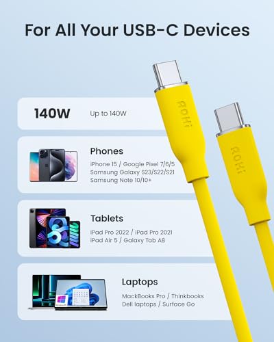 Transform Your Charging Experience with AOHI 140 W USB-C to USB-C Cable – Rapid PD 3.1 Fast Charging, Ideal for Mac Book Pro & i Phone 15 Pro Max, Durable 3.3 ft Length, Eye-Catching Yellow for Enhanced Visibility, Superior Data Transfer Speeds