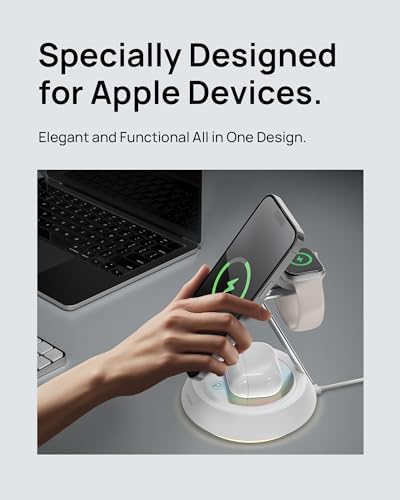 SODI 3-in-1 Magnetic Wireless Charging Station with Ambient Light – 15 W Fast Charger for i Phone 16, 15, 14, 13, 12 Pro/Max, Air Pods & Apple Watch – Sleek Design for Effortless Device Organization and Enhanced Charging Efficiency