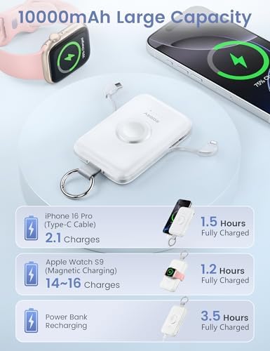 Experience Uninterrupted Power with RORRY 10000 m Ah Portable Charger: PD 20 W Fast Charge Power Bank with Integrated Cables for i Phone 16/15/14/13/12/11 & Apple Watch Ultra/10/9/8/7/6/5/4/3 – Sleek Pink Design for Travelers and Professionals – Hassle-Free Charging on the Go