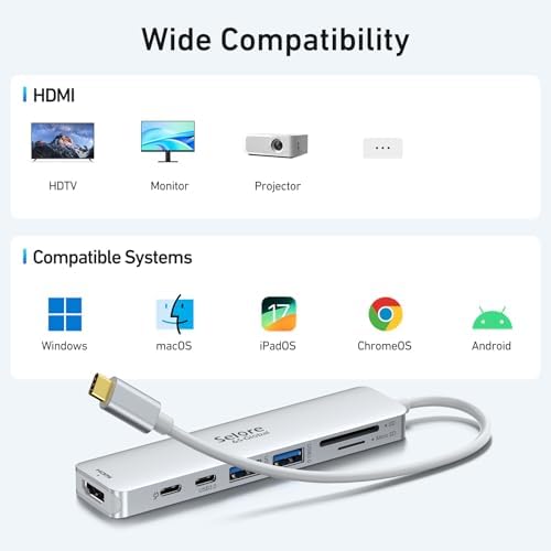 Ultimate 7-in-1 USB C Hub HDMI Adapter for Mac Book Pro & Air – High-Speed 4 K HDMI, Dual USB 3.0, SD/TF Card Reader, and 100 W Power Delivery – Compact and Durable Dongle for Seamless Connectivity with Dell XPS & Lenovo Think Pad