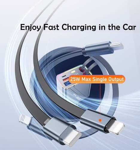Ultra-Fast 4-in-1 Retractable Car Charger – 66 W Multi-Device Adapter with 35.5” Tangle-Free Cords & Stylish RGB Lighting for Seamless Charging of i Phone 16/15/14/13/12/11, Mac Book, Samsung, Tablets, and Android Devices – Compact Car Accessory for Ultimate Convenience and Compatibility