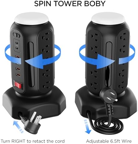 Maximize Your Power Potential with the 15-Outlet Surge Protector Tower Featuring 6 Fast-Charging USB Ports and LED Night Light – Retractable Heavy-Duty Extension Cord with Right Flat Plug for Effortless Accessibility and Enhanced Device Compatibility – Ideal Charging Station for Home and Office Use