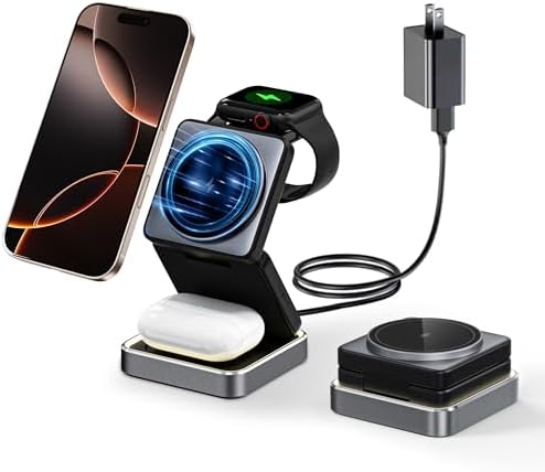 Universal 3-in-1 Wireless Charging Station: Magnetic Fast Charger for i Phone 16/15/14/13/12, Apple Watch Series 2-10, Ultra, SE, and Air Pods Pro/3/4 & Samsung Galaxy Buds – Sleek, Portable Design for Home & Travel Efficiency