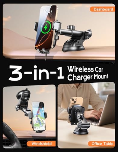 Fast Charge Wireless Car Phone Mount – 15 W High-Speed Charger with Enhanced Suction for Dashboard & Windshield – Perfect for i Phone 16/15/14 Pro Max & Galaxy S25/S24 Ultra – Ultimate Driving Convenience & Adjustable Viewing Angle