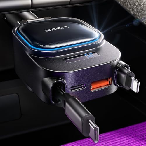 LISEN 2025 Upgraded 96 W Fast Charging Retractable Car Charger – 4-in-1 USB-C & Multi-Port Accessory for i Phone 16/15/14 – Sleek Jet Black Design with Enhanced Compatibility for Effortless On-the-Go Charging