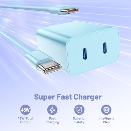 Dual-Port 45 W USB-C Wall Charger for Samsung Galaxy S25/S24 Ultra – Super Fast Charging with 2-Pack 6.6 ft Cables, PD 3.0 & PPS Technology for Enhanced Compatibility and Performance – Ideal for Mobile Professionals and Families