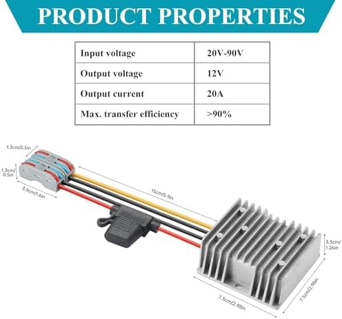 High-Efficiency Waterproof DC/DC Buck Converter: Versatile 20-90 V to 12 V Voltage Regulator for Automotive LED Systems and Heavy-Duty Applications – 20 A Output, 240 W Power Capacity for Reliable Performance in Challenging Environments