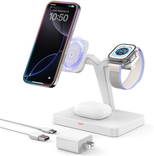 Joy Geek 3-in-1 Foldable Wireless Charging Station for Mag-Safe i Phone – Ultimate Travel Dock for i Phone 12-16 Pro Max, Apple Watch Series 4-10, and Air Pods Pro 2/3/4 – Fast, Compact, and Convenient Power Solution for On-the-Go Charging