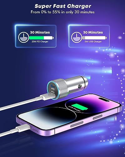 Effortless Power on the Go: 40 W Dual USB-C Fast Car Charger for i Phone with 2 Lightning Cables – Rapid Charging for i Phone 14/13/12/11 Pro Max and i Pads, Enhanced Compatibility, and Built-in Safety Features for Ultimate Device Protection