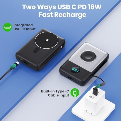 Ultimate 6-in-1 Magnetic Portable Charger, 10800 m Ah Power Bank for i Phone – Features Integrated Cables, Wireless Charging for Apple Watch, Smart LCD Display, and 25 W PD Fast Charging – Perfect Travel Accessory for All Devices with Enhanced Safety Features and Compatibility for i Phone 12 to 16 Series