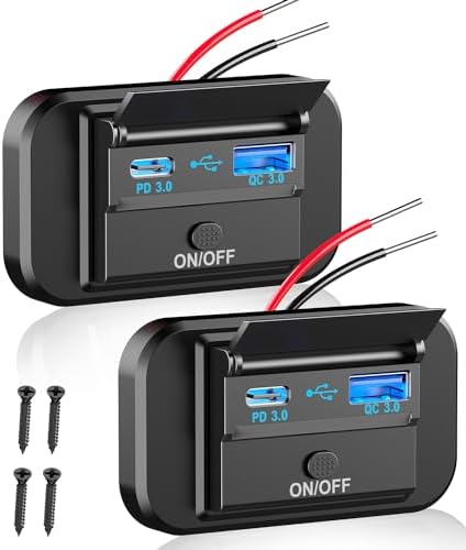 Qidoe PD 20 W Type-C & 18 W QC3.0 Dual Port Car Charger Socket – Waterproof 12 V Surface Mount Adapter for RVs, ATVs, Trucks, and Marine Use – Fast Charging with Button Switch for Ultimate Compatibility and Safety