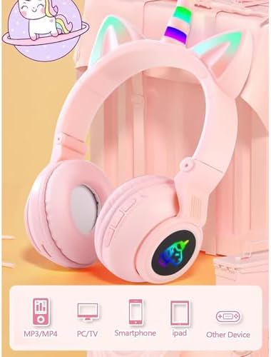 Magical Pink Unicorn Wireless Headphones for Kids – Foldable Over-Ear Design with Built-In Microphone, Volume Limiting for Hearing Safety & Universal Compatibility – Ideal Gift for Unicorn Enthusiasts on Birthdays or Holidays