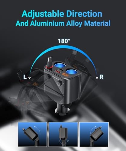 180 W Retractable Car Charger Splitter: 5-in-1 USB Fast Charging Hub with Dual USB Ports, Dual Cigarette Lighter Sockets, Individual Power Switches, and LED Voltmeter for Optimal Charging Efficiency and Vehicle Utility
