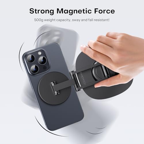 OMOTON 360°Rotating Magnetic Phone Stand for Desk, Adjustable Foldable Aluminum for MagSafe Cell Phone Stand Holder with Non-Slip Base, for iPhone 16/15/14/13 Pro Max/MagSafe Case- Black – Enhanced Compatibility and Speed