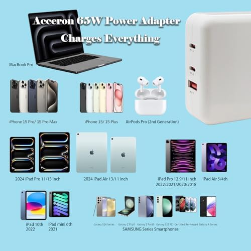 Revolutionary 65 W Ga N Fast Charge Wall Adapter – Triple USB-C Power Hub for Mac Book Pro, i Pad Pro, i Phone 16/15 & Samsung Galaxy S25/S24 – Includes 6 ft USB-C Cable for Effortless Mobility & Universal Device Compatibility