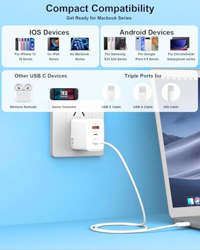 Jiunai 65 W Ga N USB-C Charger Block – Triple Port Fast Charging Adapter for Mac Book, i Phone 16, Dell & More – Compact Foldable Design with 6.6 ft Type C Cable for Ultimate Travel Convenience and Multi-Device Power Management