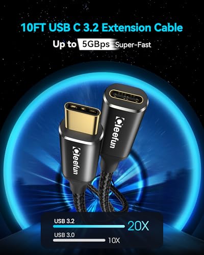 CLEEFUN 10 ft USB C Extension Cable – Unlock 100 W Fast Charging & 5 Gbps Data Transfer with Stunning 4 K Video Sync for Laptops, Tablets, and Phones – Premium Compatibility & Durable Design for Enhanced Connectivity Experience