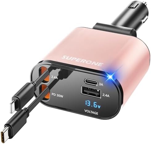 Introducing the SUPERONE 4-in-1 Retractable Fast Car Charger: Ultimate On-the-Go Charging Solution for i Phone, Galaxy & Pixel Devices – Featuring 2.6 ft Tangle-Free Cord, Enhanced USB C & Apple Compatibility, and Sleek Design for Effortless Portability. Experience lightning-fast charging to keep your devices powered during road trips or daily commutes, ensuring you’re always connected. This innovative retractable charger is engineered for maximum efficiency, accommodating a wide range of smartphones including i Phone 16, 15/15 Pro Max, 14, 13, 12, 11 and popular Galaxy and Pixel models. With its compact construction and high-quality materials, this charger not only enhances your charging experience but also withstands everyday wear and tear. Elevate your mobile charging with the SUPERONE car charger – where convenience meets cutting-edge technology for busy professionals and families on the move.
