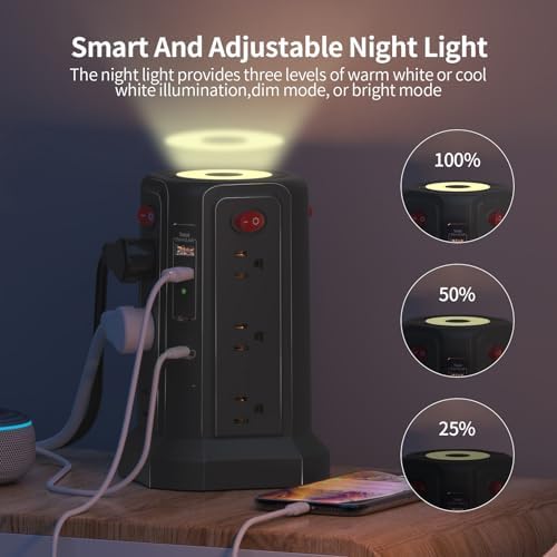 PASSUS Surge Protector Power Strip Tower with 12 AC Outlets and 5 High-Speed USB Ports – 10 FT Extension Cord with Overload Protection and Built-In Night Light for Home Office and Dorm Room – Sleek Black Design for Ultimate Charging Efficiency