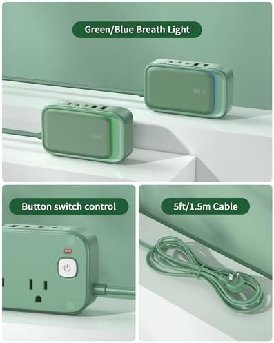 Effortless Power: 65 W USB Charging Station with Surge Protection – 5 FT Flat Extension Cord for Travel, Home, Office & School – Multi-Device Charging Hub for Fast, Safe Energy Delivery – Lightweight & Compact Design for Ultimate Portability