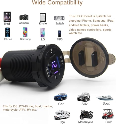 High-Performance 12 V Dual USB Car Charger with Quick Charge 3.0 and USB-C Port – Compact Voltmeter & Power Switch for Enhanced Safety in Cars, Boats, and Trucks – 2 Pack for Fast and Versatile Charging Solutions