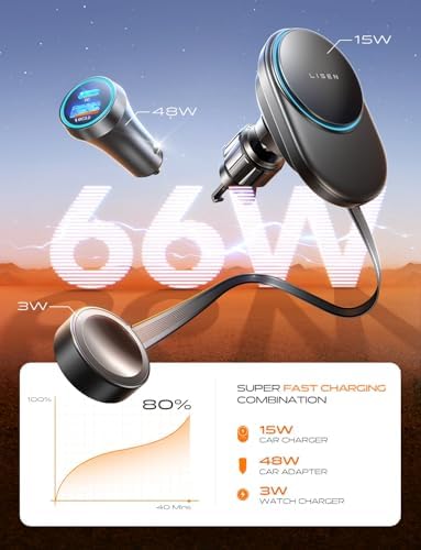 Elevate Your Driving Experience with the LISEN Mag Safe Wireless Car Charger – 15 W Fast Charging Mount for i Phone 16/15/14/13 & Apple Watch Series 10/9/8/7/6/5/4/3/SE – Effortless Retractable Design with Robust Magnetic Stability for Seamless On-the-Go Power – USB-C for Rapid Charging and Ultimate Compatibility – The Smart Choice for i Phone and Apple Watch Users Seeking Convenience and Reliability