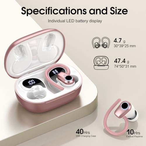 Poounur Bluetooth 5.3 Wireless Sport Earbuds – 50 Hours Playtime, IP7 Waterproof, Noise-Cancelling Headphones with Earhooks and Dual LED Display for Ultimate Comfort and Sound Quality – Perfect for Active Lifestyles and Outdoor Adventures