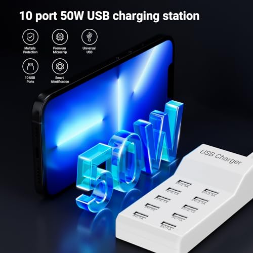 Ultimate 10-Port USB Charging Station – 50 W Multi-Device Power Hub for i Phone, Galaxy, i Pad & More – Rapid Charge & Advanced Safety Features for Home or Office Use – Compact Multiport Charger for Maximum Efficiency and Organization