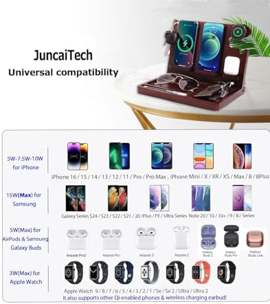 Sleek Wooden Nightstand Organizer with 4-in-1 Wireless Charging Station for i Phone & Android, Fast 27 W Charger for Apple Watch and Air Pods, Stylish Wallet & Key Holder – Perfect Gift for Men and Tech Lovers