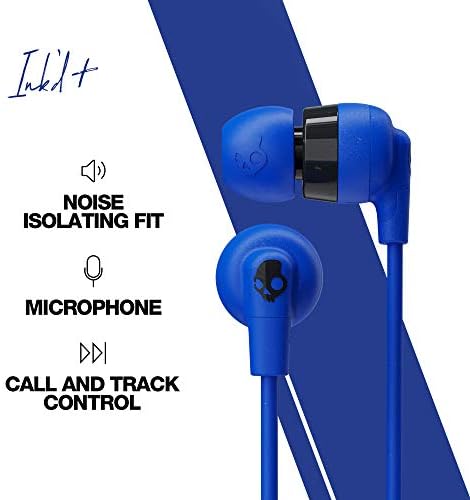 Skullcandy Ink’d+ Cobalt Blue Wired Earbuds – Premium Noise Isolation, Built-in Microphone for Seamless Calls, Travel-Friendly Design with Customizable Ear Gel Sizes, Optimal Audio Experience for Music Lovers
