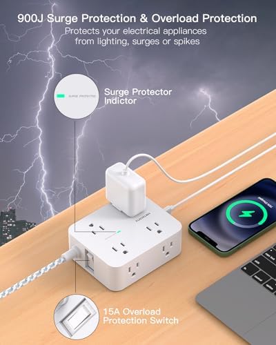 HANYCONY 6 ft Surge Protector Power Strip with 8 Outlets & 2 USB-C Ports – Essential College Dorm Extension Cord with Space-Saving Flat Plug for Fast Charging and Device Safety – Perfect for Home Office and Tech Needs