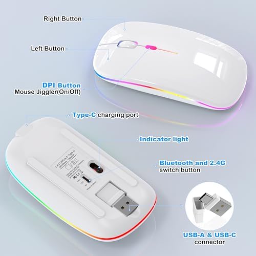 Sleek LED Bluetooth Wireless Mouse for Mac & PC – Rechargeable, RGB Light-Up Design with Dual Connectivity (BT5.2 + 2.4 G USB) – Slim, Portable Mouse with Jiggler Function for Work & Play – Enhanced Performance & Style in White