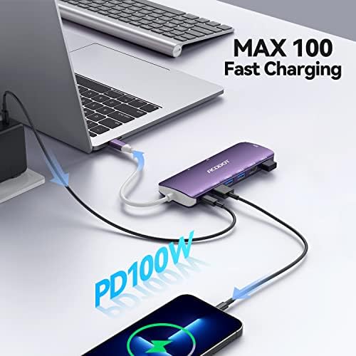 Acodot 9-in-1 USB C Hub: Ultimate 4 K HDMI Adapter with 3 USB 3.0 Ports, SD/TF Reader & 100 W Power Delivery – Stylish Purple Multiport Hub for Mac Book, HP, XPS & More – Boost Your Productivity with Seamless Connectivity and Fast Charging