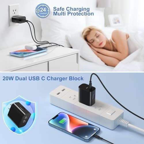 Costyle i Phone 15 & 16 Dual USB-C Charger Block – 20 W Fast Charging Wall Plug with 2 x 6 FT Type-C Cables for Maximum Compatibility – Efficient Power Adapter for i Phone 15 Pro Max & i Pad Pro – Compact Design for On-the-Go Charging Solutions