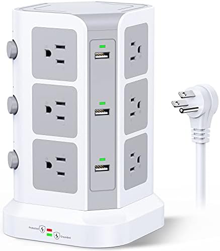 KOOSLA Power Strip Tower – 12 AC Outlets & 6 High-Speed USB Ports with 15 A Surge Protection – 6.5 ft Heavy-Duty Extension Cord for Home Office & Dorm Room – Compact Design for Efficient Power Distribution – Versatile Charging Station for Multiple Devices
