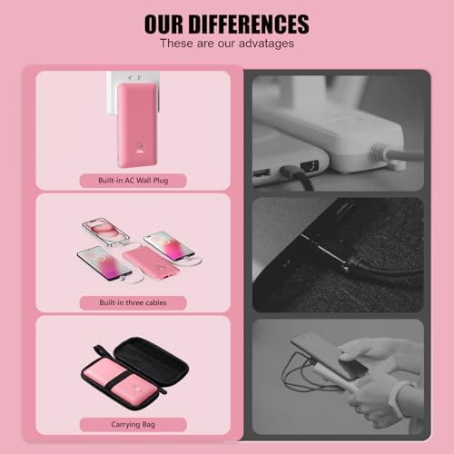 Ultimate Brand Q 10000 m Ah Portable Charger with Built-in Cables and AC Wall Plug – Fast Charging Power Bank with USB-C, Triple Output Ports for i Phone, Tablet & All Smartphones – Perfect Travel Companion for On-the-Go Charging