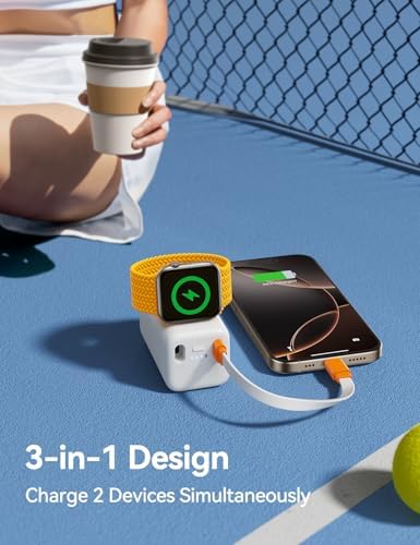 Revolutionary 3-in-1 Magnetic Power Bank: 18 W Fast Wireless Charger for Apple Watch, i Phone & Samsung – 5000 m Ah Portable Charger with Integrated Cable in Elegant White for Ultimate On-the-Go Energy Solution and Seamless Device Compatibility